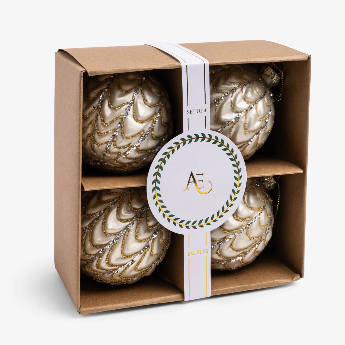 Art Deco Glass Bauble Set Of 4 (White & Gold)