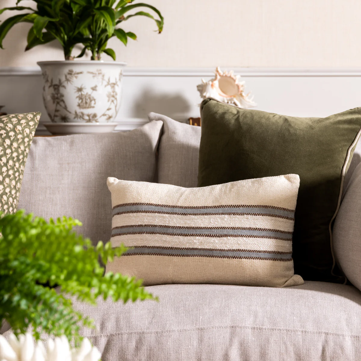 Dune Cream & Light Blue Stripe Rectangular Cushion Cover - Image 2
