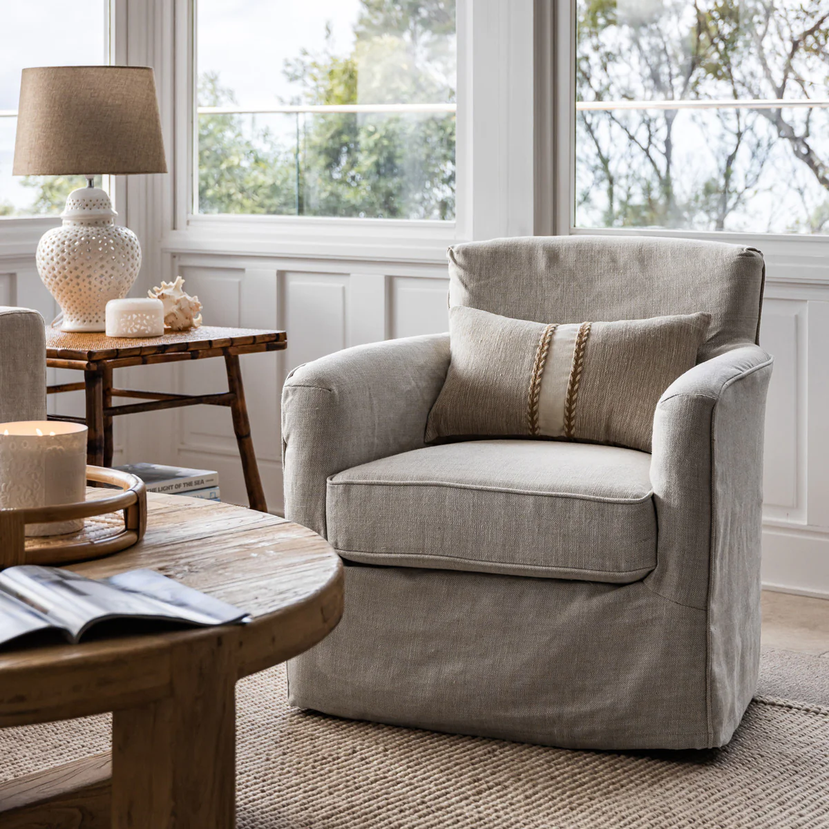 Eloise Swivel Linen Armchair (Latte) - Image 2