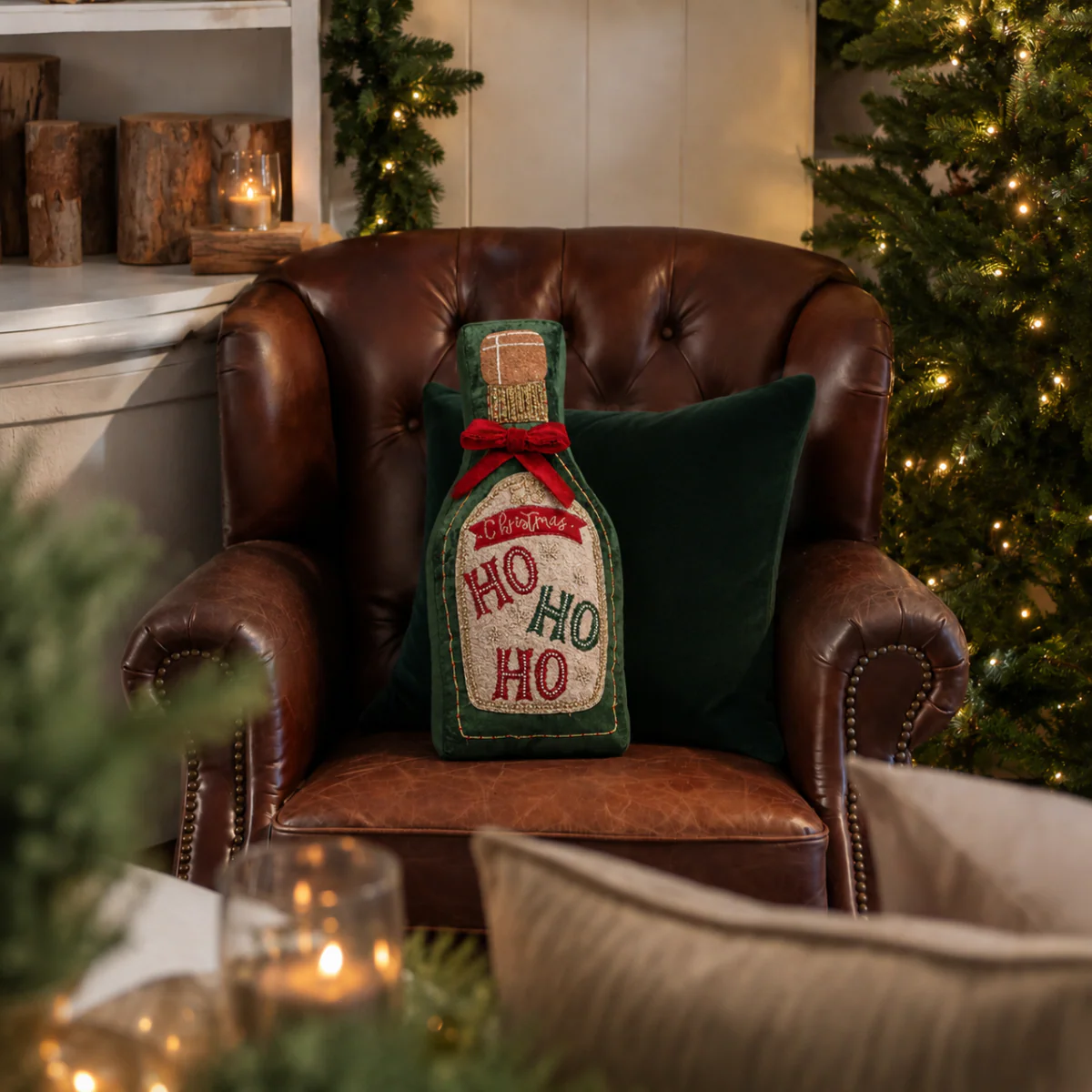 Ho Ho Ho Champagne Bottle Christmas Cushion PRE-ORDER - Image 2
