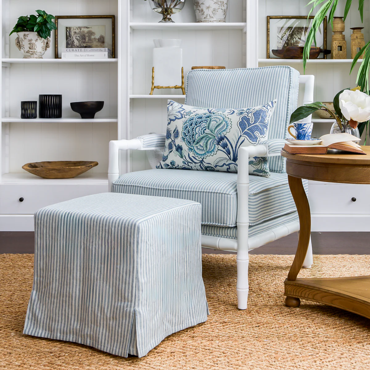 Indira White Bamboo Armchair (Blue Stripe) - Image 2