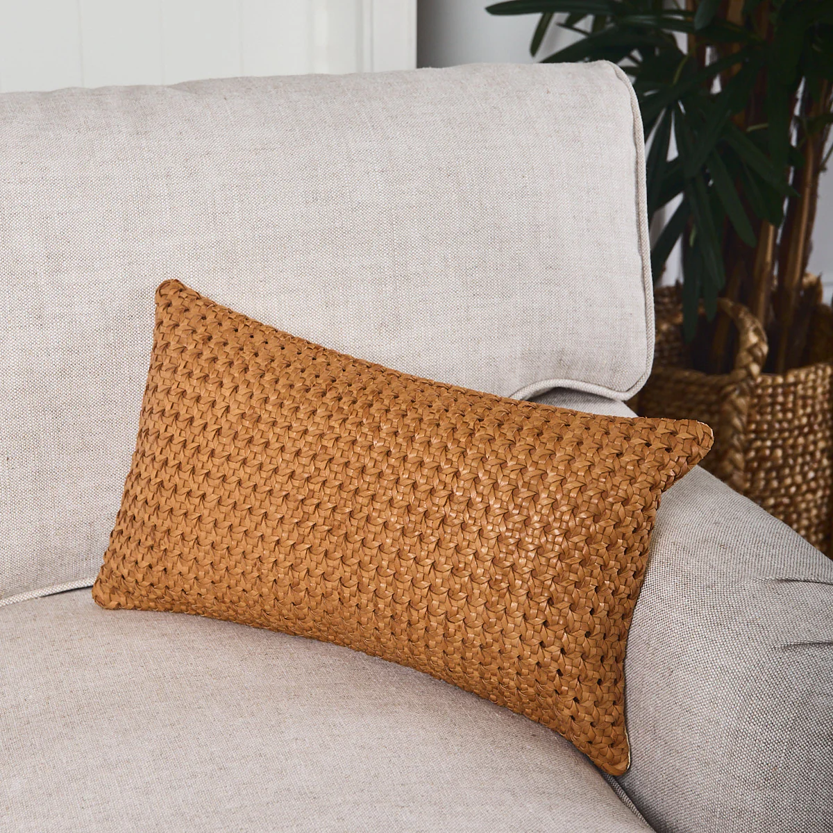 Leather Woven Rectangular Cushion Cover (Tan Geometric) - Image 3