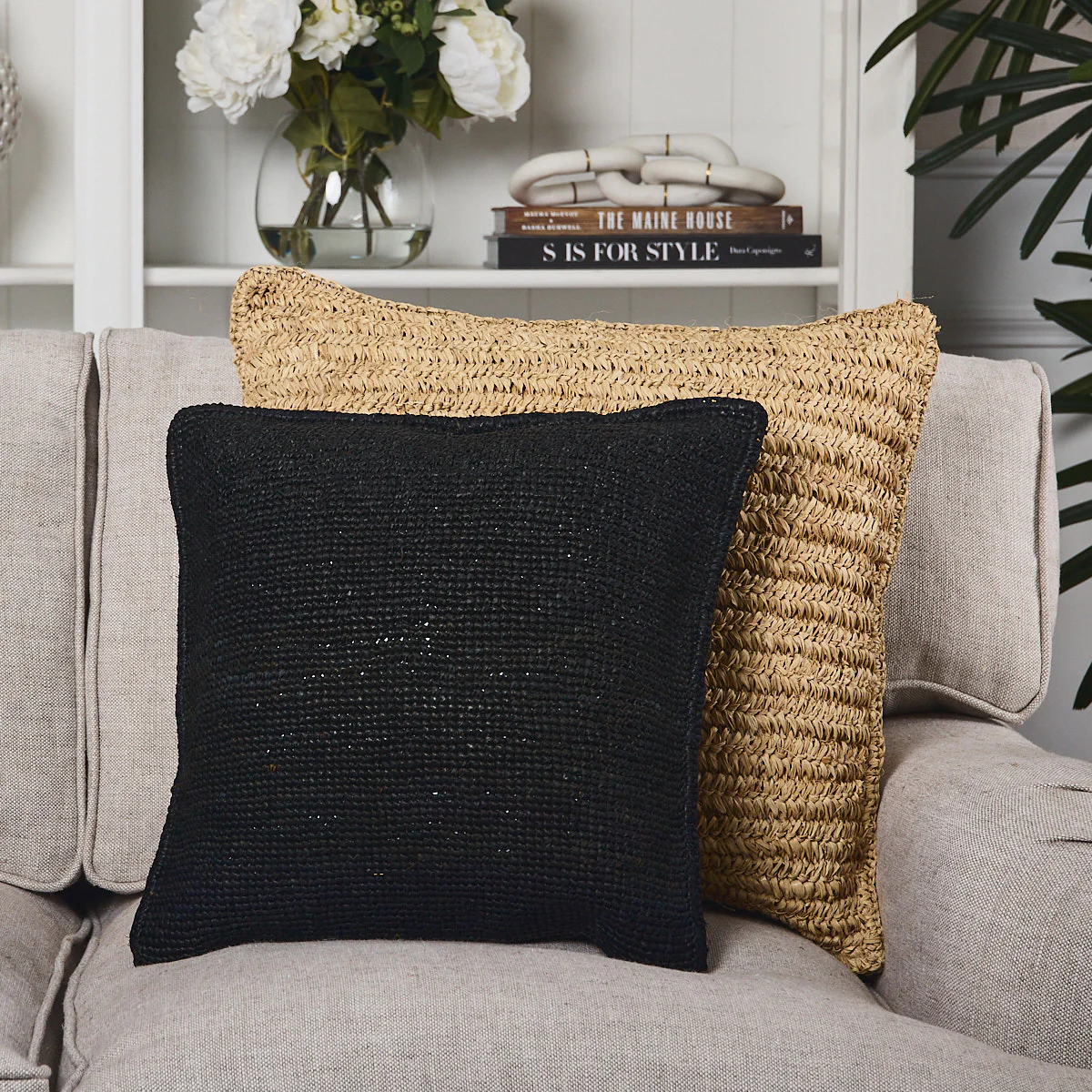 Madagascar Raffia Crochet Cushion Cover (Black Small) - Image 2