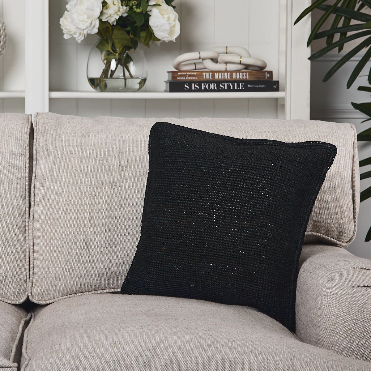 Madagascar Raffia Crochet Cushion Cover (Black Small) - Image 3