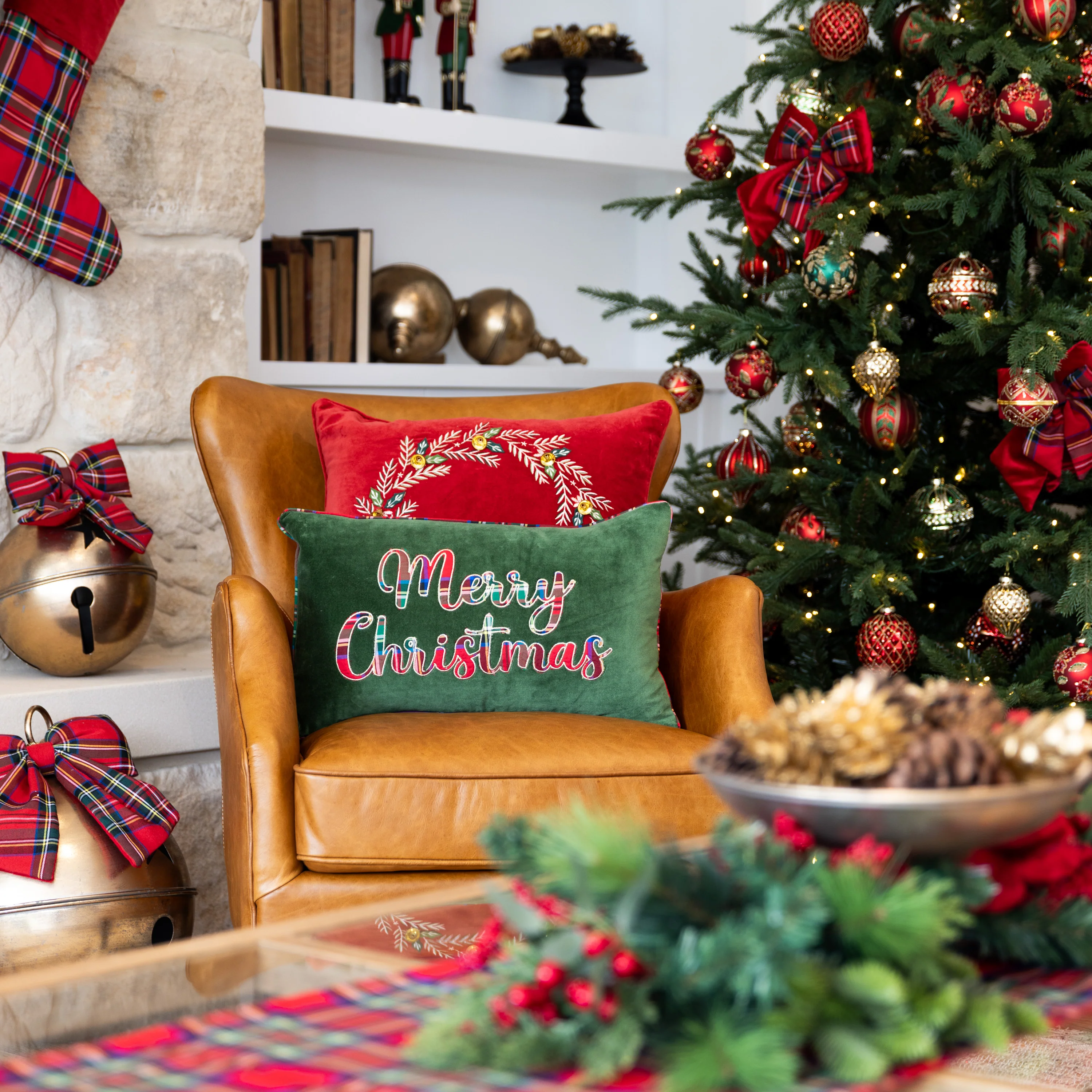 Merry Christmas Velvet & Tartan Cushion Cover (Green) - Image 2