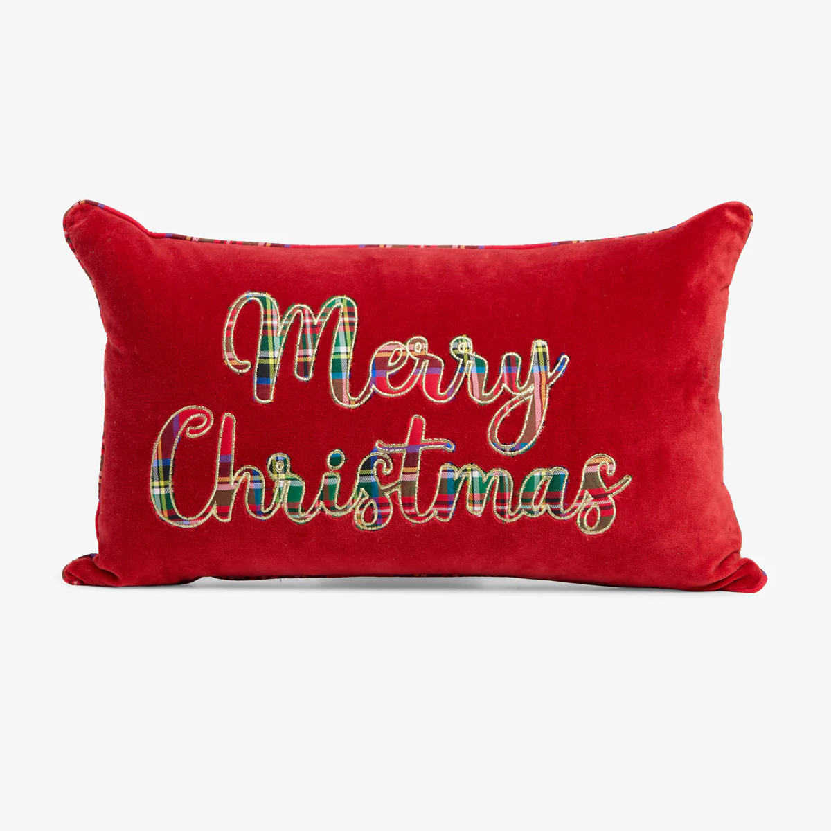 Merry Christmas Velvet & Tartan Cushion Cover (Red)