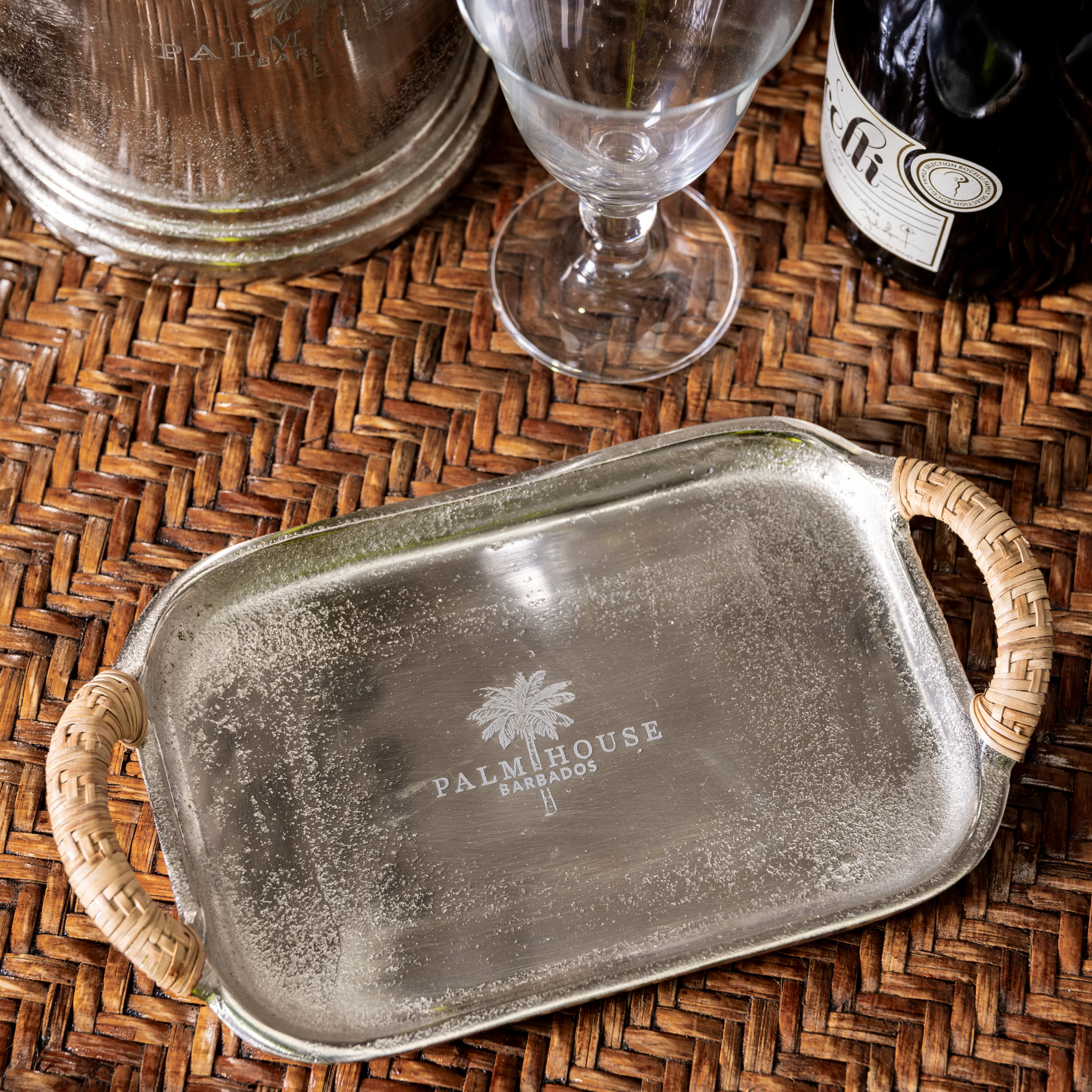 Palm House Metal Tray With Rattan Handles - Image 2