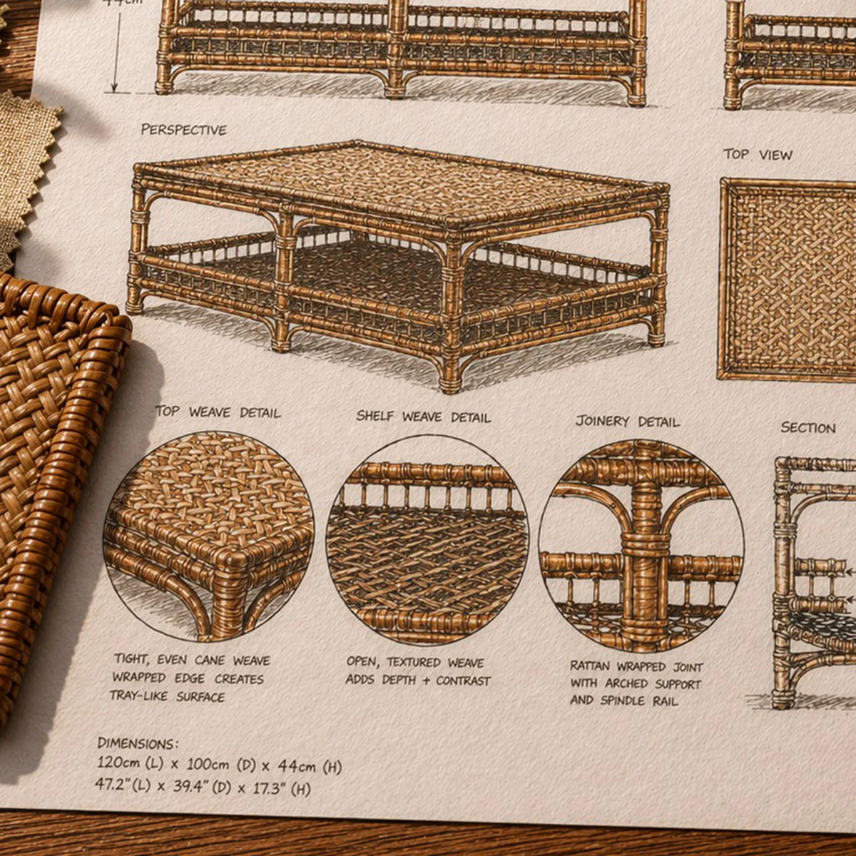 Panama Rattan Coffee Table (Brown) - Image 6