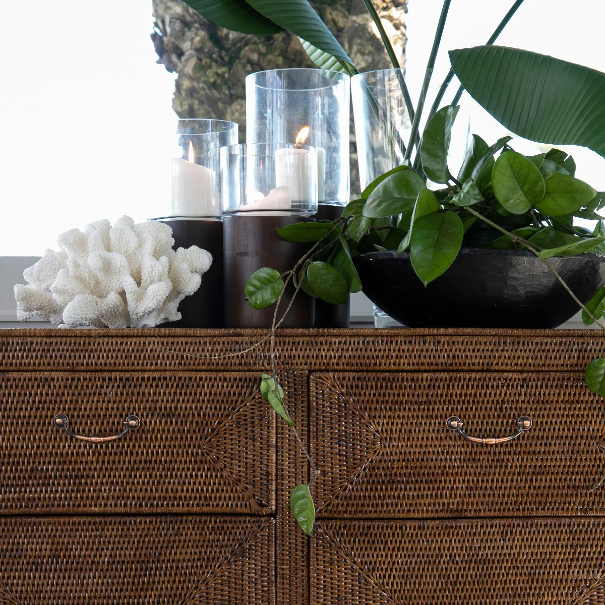 Rattan 2 Drawer 2 Door Cabinet Brown - Image 5