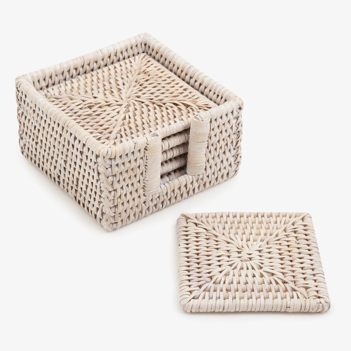 Rattan Square Coaster Set (White Washed)