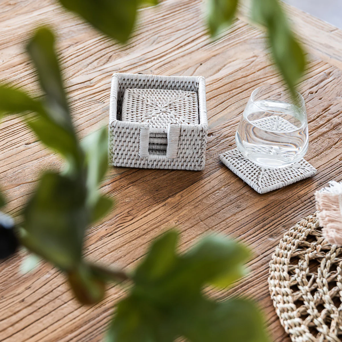 Rattan Square Coaster Set (White Washed) - Image 2