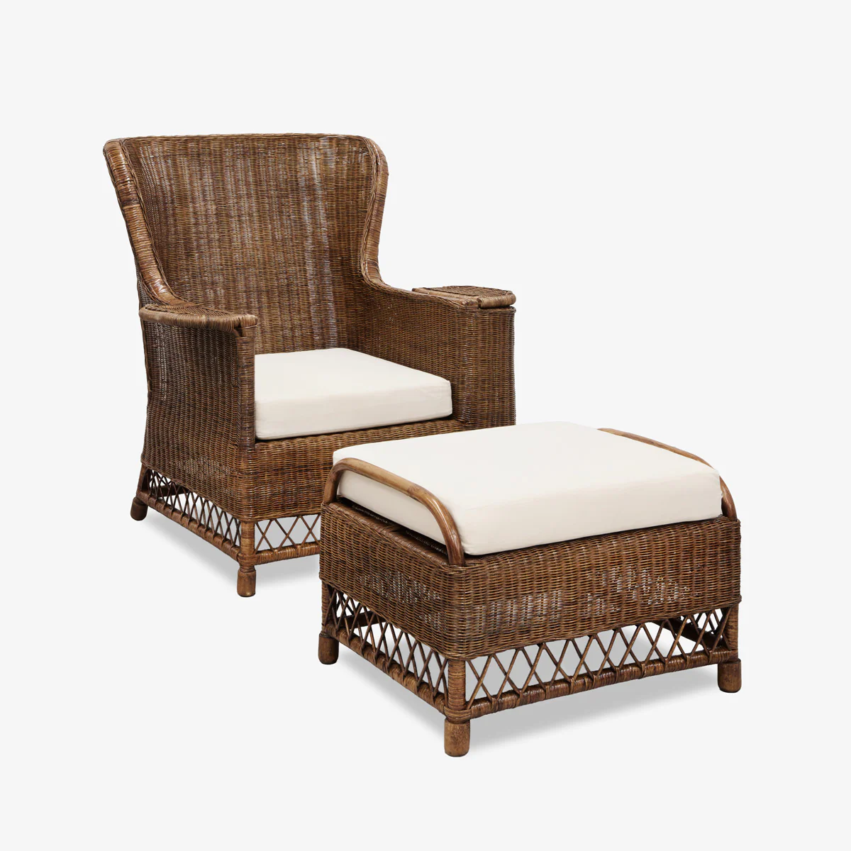 Rattan Wing Armchair & Footstool Bundle (Brown/Cream)