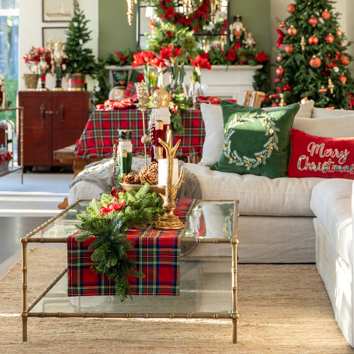 Red Tartan Table Runner With Green Velvet - Image 2