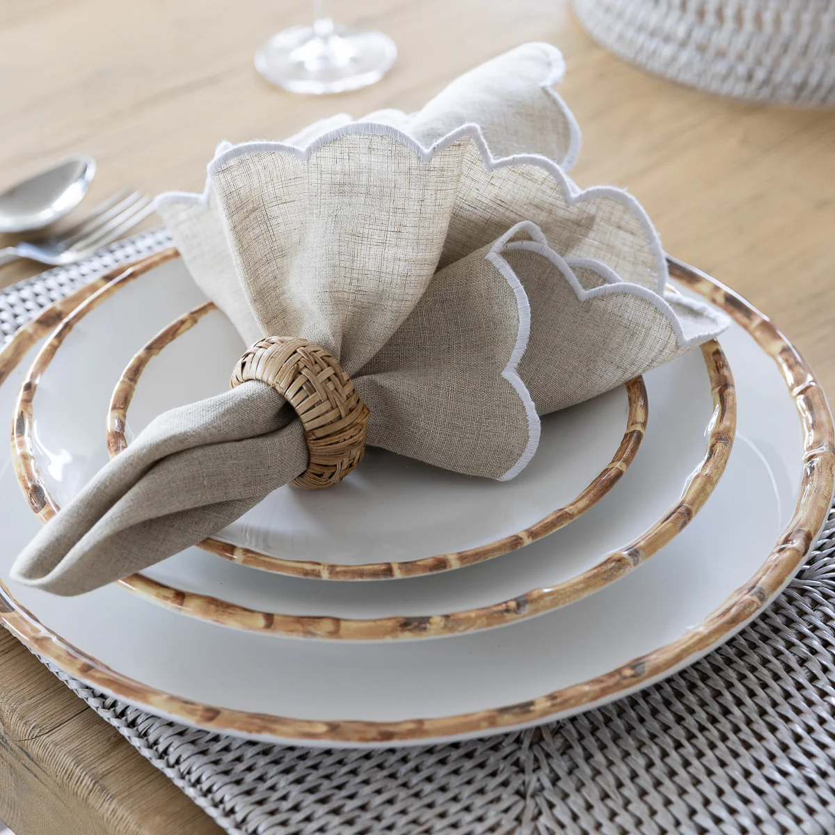 Scalloped Linen Napkin Beige - Image 2