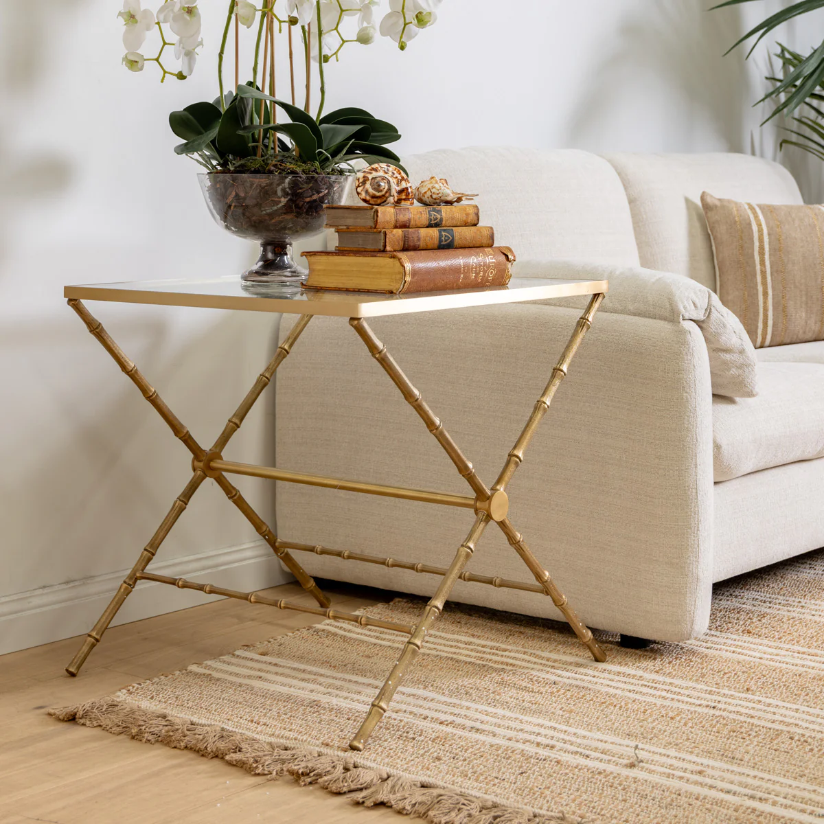 St Kitts Glass & Brass Bamboo Cross Leg Side Table - Image 2