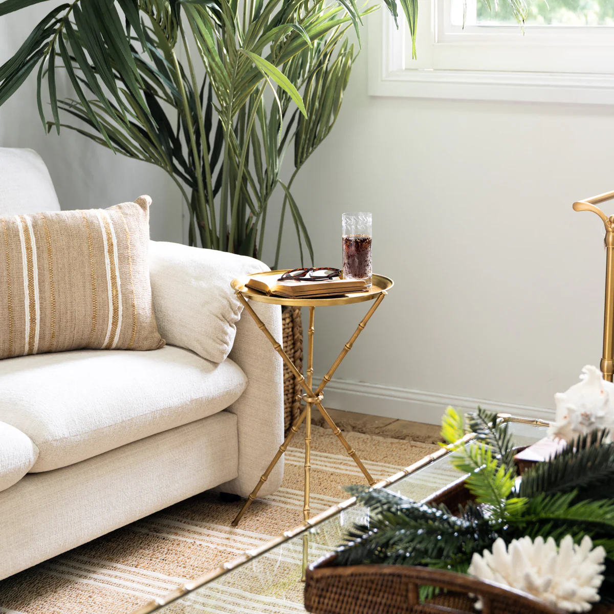 St Kitts Glass & Brass Bamboo Tripod Side Table - Image 2
